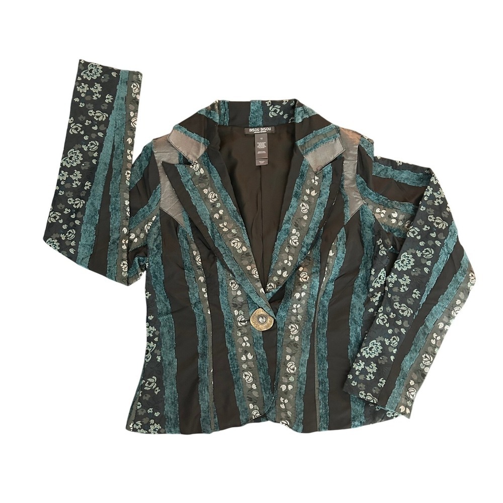Bisou Bisou Michele Bohbot Blazer Teal Chenille Floral Brocade Jacket 12 (0020)